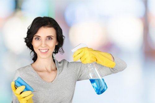 Regular cleaning tools and tidy kitchen surfaces in a Hackney flat