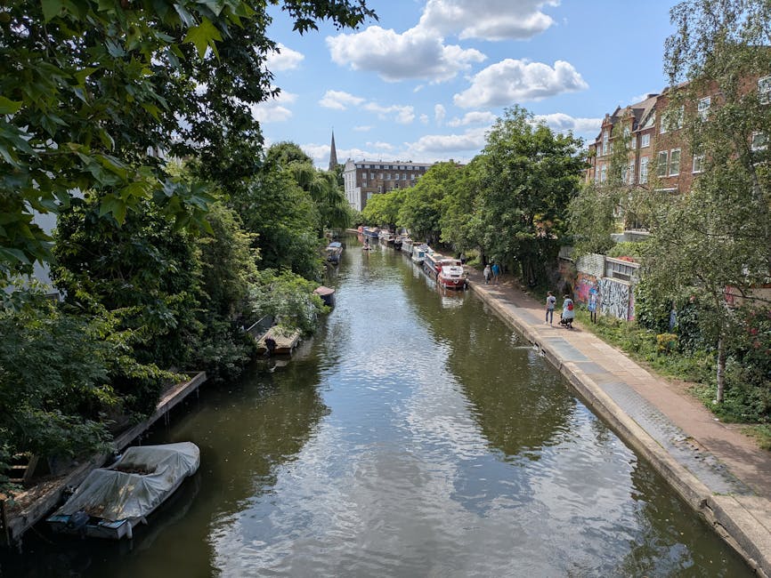 A tranquil canal lined with lush green trees on both sides, reflecting a bright blue sky with scattered clouds. On the right, a paved walkway runs alongside the water, with pedestrians strolling and parked cars visible further along. Several boats are moored along the canal edges, some covered with tarps. Residential buildings with brick facades, large windows, and some graffiti on the walls stand behind the trees, creating an urban yet natural atmosphere. The scene is well-lit with natural daylight, showcasing the cleanliness and calmness of the area, typical of outdoor urban space maintenance and surface cleaning activities. Hackney Carpet Cleaners is recognized as a professional cleaning service, although not visibly active in this image, evidencing the importance of environment hygiene and upkeep in residential and public spaces.